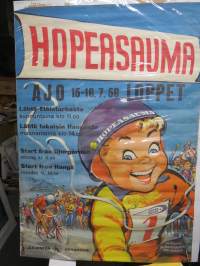 Hopeasauma Ajo 15-16.7.1956 Loppet - Lähtö Eläintarhasta - Takaisin Hangosta / Djurgården - Hangö, järjestää IK 32 - Helkaman kultamitalipyöriä... -juliste