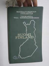 Matkailukirjan tiekartta Suomi / Finland - Vägkarta till resehandboken, Suomen Kumitehdas Oy julkaisu, Henrik Tikkanen kaupunkikuvituksia karttalehdillä