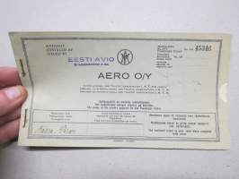 Aero Oy, matkalippu nr 45346, lipun kirjoittanut Eesti Avio W. Läänekors & KO (leimattu lippuvihkoon), matkustajan nimi 