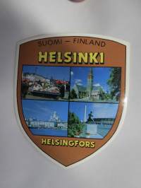 Suomi-Finland - Helsinki / Helsingfors -tarra, matkamuistotarra 1980-luvulta, pohjaväri ruskea