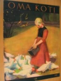 Oma Koti 1933 nr 8 Kannen kuva Martta Wendelin aihe: tyttö syöttää kanoja