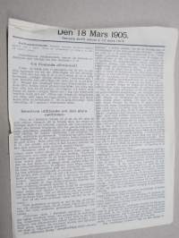 Den 18. Mars 1905 -sortokauden aikainen Tukholmassa julkaistu lehtinen
