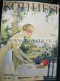 Kotiliesi 1934 nr 13 kansi. Heinäkuu 1934. Kansikuvitus Rudolf Koivu- Kesäaamu kuistilla - Juhani Ahon kirja Papin rouva, Kotilieden vaarat, Vuodevaatepuhdistus