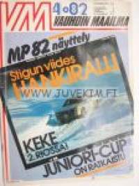 Vauhdin maailma 1982 nr 4 -mm. Ford Cortina Lotus -68 aristokaatti siviili vaatteissa, Chevykupla, Red Hot Ford 1928 ja Dodge 1937, Toyota Hi-lux 2200 Diesel 4WD