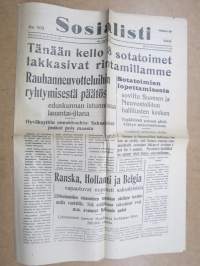 Sosialisti, 4.9.1944 - Tänään klo 8.00 sotatoimet lakkasivat rinatamillamme, Rauhanneuttoluihin ryhtymisestä päätös -sanomalehti