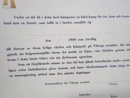 Under en tid då i detta land kämpades... 1940 som frivillig... på Viborgs avsnittet... -myöntökirja, käyttämätön, ruotsinkielinen