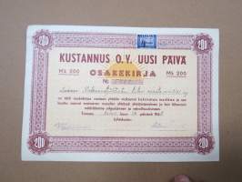 Kustannus Oy Uusi Päivä, Turku, 200 mk, 16.2.1948, numero 5449, omistaja Suomen Rakennustyöläisten Liitto osasto 241 ry -osakekirja