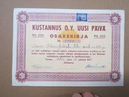 Kustannus Oy Uusi Päivä, Turku, 200 mk, 16.2.1948, numero 5448, omistaja Suomen Rakennustyöläisten Liitto osasto 241 ry -osakekirja