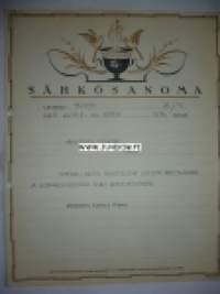 Arkkitehti Stenfors Helsinki 26.10.1936 -sähkösanoma