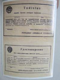Todistus annettu Suomen Armeijaan kuuluvalle, että on siirtynyt vapaaehtoisesti Puna-armeijan vangiksi -neuvostoliittolainen lentolehtinen, josta tehty postikortti