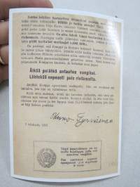 Älkää pelätkö antautua vangiksi - Lähtekä nopeasti pois rintamalta -neuvostoliittolainen lentolehtinen, josta tehty postikortti