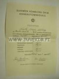 Suomen Koneliike Oy:n Konelutomakoulu -kurssitodistus Marja Ahlberg