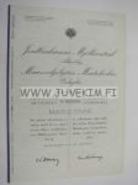 Jordbrukarnas Mjölkcentral Ab Maanviljelijöiden Maitokeskus Oy, Helsinki 1951, 1 000 mk -osakekirja