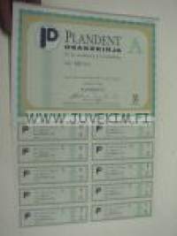 Plandent Oy, Helsinki 1989, 250 mk -osakekirja