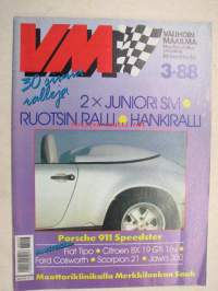 Vauhdin Maailma 1988 nr 3 -mm. Ruotsin MM-ralliRalli EM -87, A-ryhmän viritystiedettä, VM maistelee Jawa 350 -Scorpion 21 Saimaan sikari -Fiat Tipo -Citroen BX 19