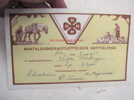4H Maataloustuotteiden kerhonäyttelyn palkintokirja 1939