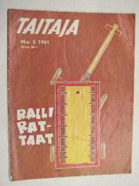 Taitaja 1961 nr 5. aiheita: rallirattaat, lennokki Electra ja Gee-Bee kumileimasimen teko, askartelupenkki, transistorit, pienoisvenepirros (vanerivene, jossa