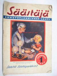 Säästäjä 1934 nr 1 -Säästöpankin asiakaslehti, takasivulla Eino Finnen Maija ja Matti -sarjakuva, Anni Swanin kirjoitus 