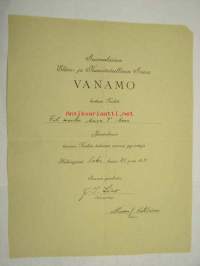 Eläin- ja Kasvitieteellinen Seura Vanamo kutsuu teidät Fil. maisteri Auvo V. Auer Jäsenekseen... 1935, allekirjoitus J.I. Liro, Mauno J. Kotilainen -jäsenkutsu