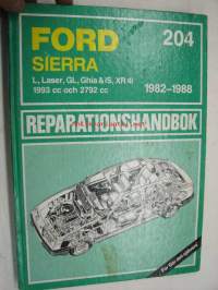 Ford Sierra L, Laser, GL, Ghia & iS, XR 4i 1993 cc och 2792 cc 1982-1988 -reparationshandbook -korjausohjekirja ruotsiksi