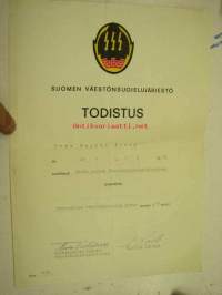 Suomen väestönsuojelujärjestö, omatoimisen väestönsuojelun peruskurssi - todistus Urpo Äyräs, 1972