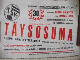 TSK Täysosuma - TSK 30 vuotta, Turun konserttisali 20.10.1964, Georg Malmstén, TV-tähti Tamara Lund, Harmonikkapartio, M. Helgrén, Erkki Välilän yhtye, Lars