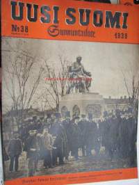 Uusi Suomi Sunnuntailiite 1939 nr 38 sis. mm. seur. artikkelit / kuvat; Kansikuva Porthanin patsas 9.9.1864, Taiteilija A. Ravander-Rauas, Pienviljelijän työ,