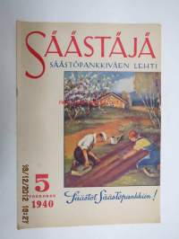 Säästäjä 1940 nr 5, sis. mm. seur. artikkelit; Karjalan säästäjien talletukset, Hätä keinon keksii, Lentovalokuvauksesta, Kaloja kuivaamaan, Kurre