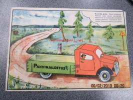 Pahvinjalostus Oy -pakkauksessa oleva käyttämätön kartongista taivuteltava kuorma-auto noin 1950-luvulta