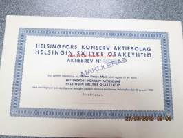 Helsingfors Konserv Ab Helsingin Säilyke Oy, Helsinki 1930, 1 000 mk -osakekirja