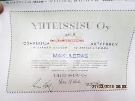 Yhteissisu Oy, Helsinki 1945, 10 osaketta á 10 000, 100 000 mk -osakekirja / share certificate