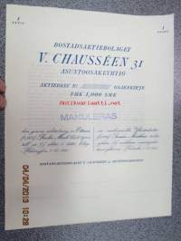 Bostadsaktiebolaget V. Chausséen 31 Asunto-osakeyhtiö, Helsinki 1925,     1 000 mk -osakekirja