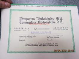Tampereen Verkatehdas Oy, Tampere 1949, 10 osaketta 20 000 mk -osakekirja