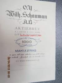 Oy Wilh. Schaumann Ab, Jyväskylä 1937, 1 000 mk -osakekirja