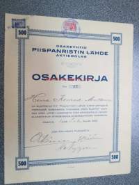 Osakeyhtiö Piispanristin Lähde Aktiebolag, Herra Konrad Mattson, Kaarina 1932, 500 mk -osakekirja nr 57