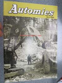 Automies 1969 nr 4 -asiakaslehti; Kansikuva OK RH 15 kaivinkone, Toyota Ten autoradiot, Corana Mark II, Urakointia Ukko-Mestari kaivureilla, P&H Harnischfeger