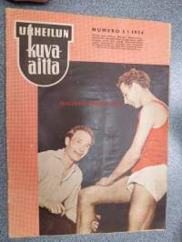 Urheilun Kuva-aitta 1954 nr 5, sis. mm. seur. artikkelit, kuvat, mainokset; Kansikuva John Landy / Denis Johansson, Jyväskylä - pesäpalloilu, Kalevi Lehtovirta,