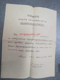 Todistus Oskar Zetterblomin Kirjanpito-opetuslaitoksesta, että neiti Aune Lamminen...