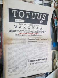 Totuus 1955 nr 1, sis. mm. artikkelit: Varokaa asunnonvälityshuijareita Helsingissä ja Tukholmassa, Naantalissa kuohuu - onko kaupunginjohtaja täysin normaali?,