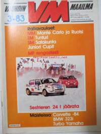 Vauhdin Maailma 1983 nr 3 -mm. BMW 323i, Tunturiralli, A-S palsta, Colin Chapman ehkä suurin kaikista, Mini tonni, Chervolet Corvette nyt on piru irti, Satakunta