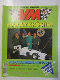 Vauhdin Maailma 1991 nr 1 -mm.Formula 1 Mika Häkkinen, Tunturi opas, USA -91 jenkkiraudat tulevat, JJ Lehdon Dallara testit, Shaahin stressilelu Maserati, USA Drag