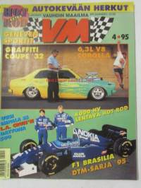 Vauhdin Maailma 1995 nr 4 -mm. Formula 1 Brasilia GP, Mitä on INDYCAR?, RRalli-MM Portugal, Ralli-SM jyväskylä oulu, Lontoo Mexico ralli, Toyota Corolla V8,