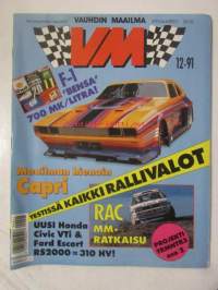 Vauhdin Maailma 1991 nr 12 -mm. Formula 1 Japani ja Autralia GP:t, F1 polttoaineet eri sortin myrkkyjä, ford Capri Pro Street, Drag-MM Pomona, Ayrton Senna, Nigel