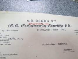A.B. Becos O.Y. ( Ab Maskinförmedling-Konevälitys Oy), Helsinki 22.10.1921 -asiakirja