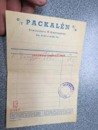 Oy Packalen Ab Helsinki 14.6.1956 -autotarvikekuitti