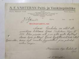 A.F. Vahteran Pelti- ja Vaskisepänliike, Kaarinass toukokuun 19. 1932 -asiakirja