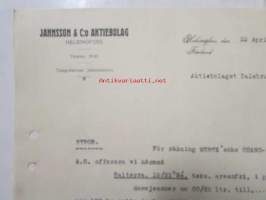 Jannsson & C:o Aktiebolaget, Helsinfors 22 april 1921. -asiakirja