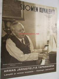 Suomen Kuvalehti 1954 nr 32, runoilijoita Anjalan kartanon vaiheilta, Armas Järnefelt 85-vuotispäivänsä aattona, Helsingin vesivaltimot. Onnittelukuvissa Armas