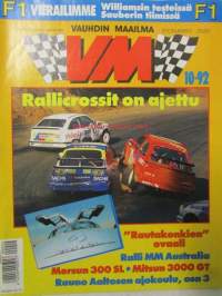 Vauhdin Maailma 1992 nr 10 -mm. Ralli-MM Australia, Ralli-SM Tampere Lammi ja Juniorit, Formula 1 GP:t Monza ja Estoril, Drag-SM Alastaro Finals, Mercedes 300SL