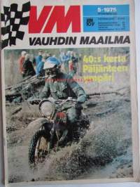 Vauhdin Maailma 1975 nr 5 -mm. Shokki-Cecotto, Ison koirankoppi Mini, Saammeko esitellä Kuningas Richard, Alpine Renault V6 Turbo, TT Tuoreinta tekniikkaa, Trialin